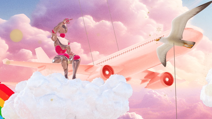 A robot figure recreates a Barbie movie scene by flying on an aeroplane wing over clouds and rainbows.