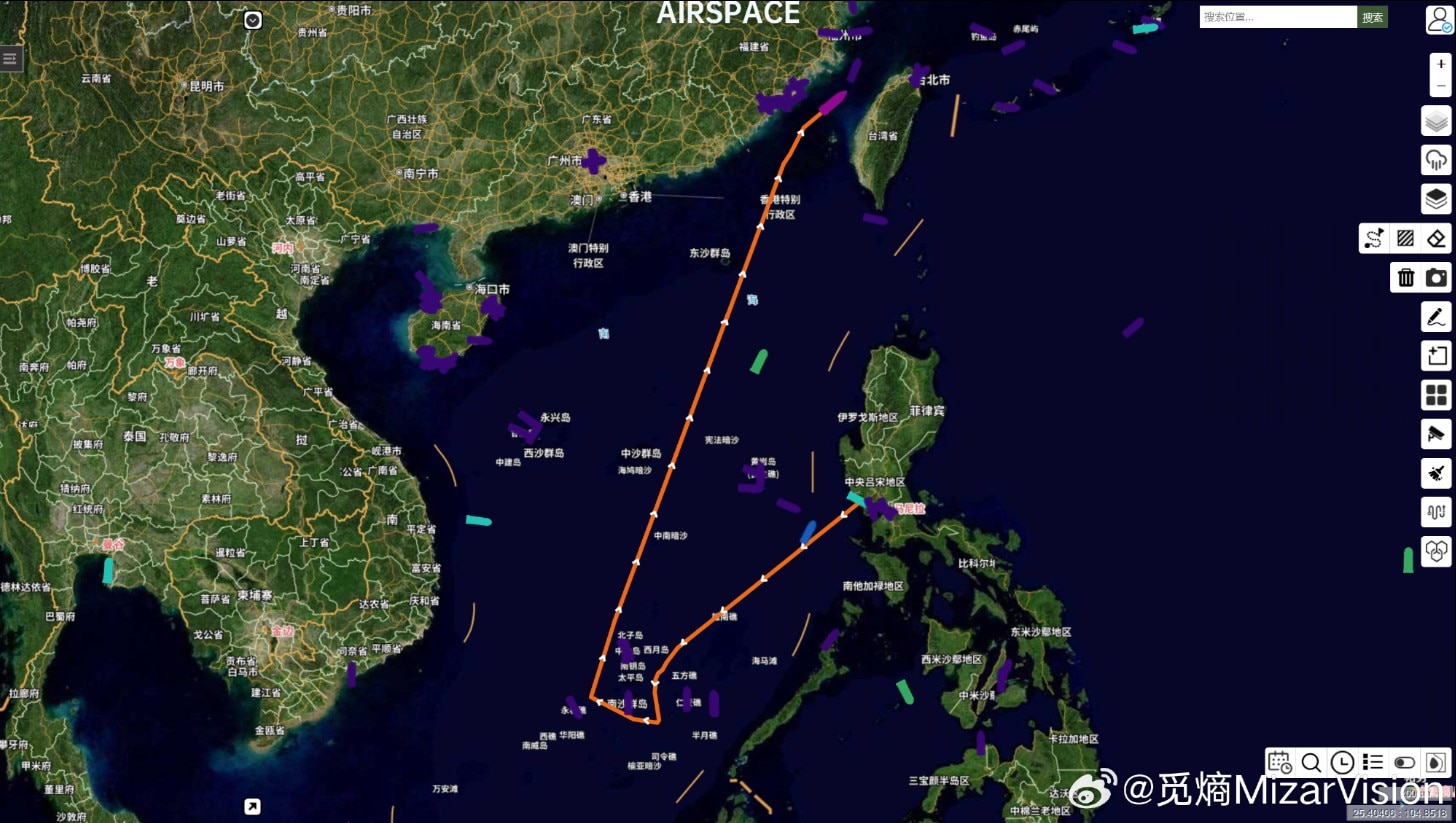 Land shown as green and water as blue with a red line in a v shape.