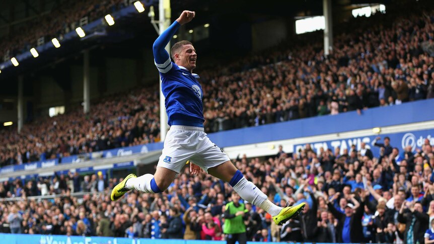 Everton's Ross Barkley celebrates his goal against Manchester City at Goodison Park on May 3, 2014.