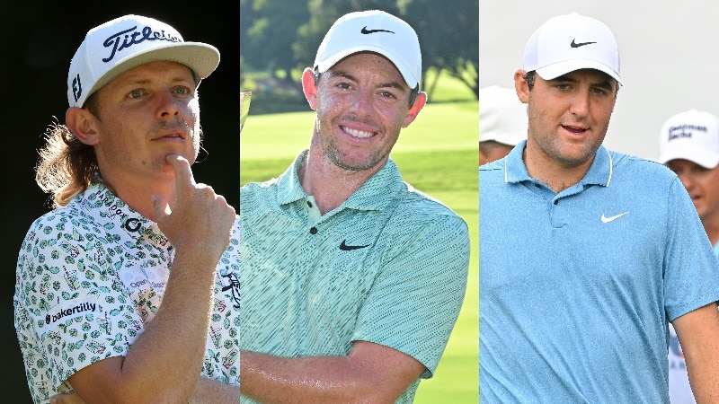 An image containing photos of three professional golfers in separate poses.