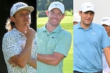 An image containing photos of three professional golfers in separate poses.