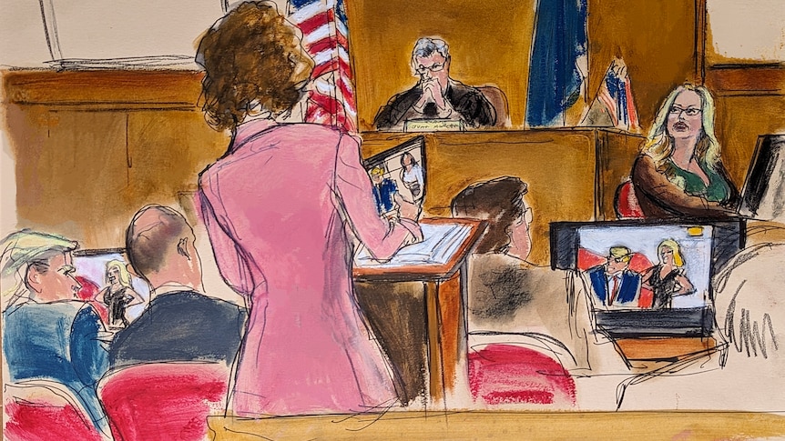 A sketch of a court room scene. A defence attorney in a pink suit, trump on the left, a judge at the front and woman on right