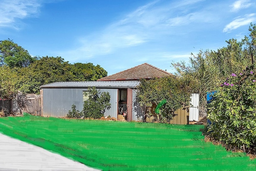 A backyard with an unnaturally green lawn