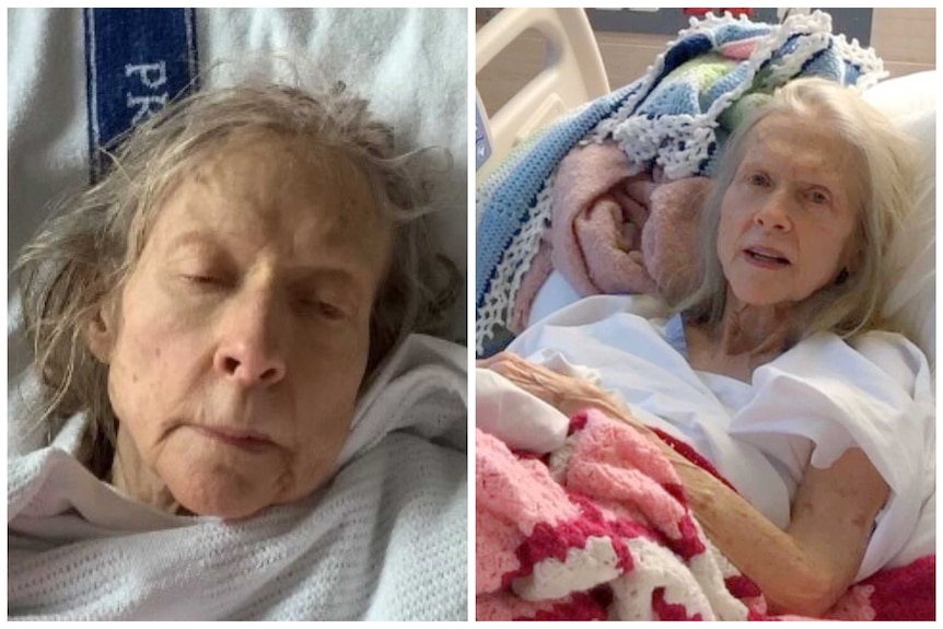 Collage of an elderly woman. Both photos show her laying in a hospital bed. She has long grey hair.