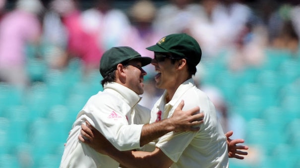 Ricky Ponting congratulates Mitchell Johnson after his superb run out.