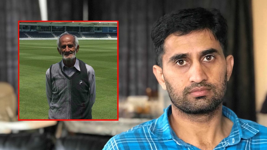 A man sits in a room wearing a blue checked shirt. A super-imposed image of his father at a cricket ground is next to him.