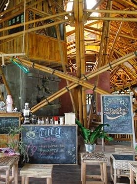 Bamboo interior and blackboards inside the Poso women's school.