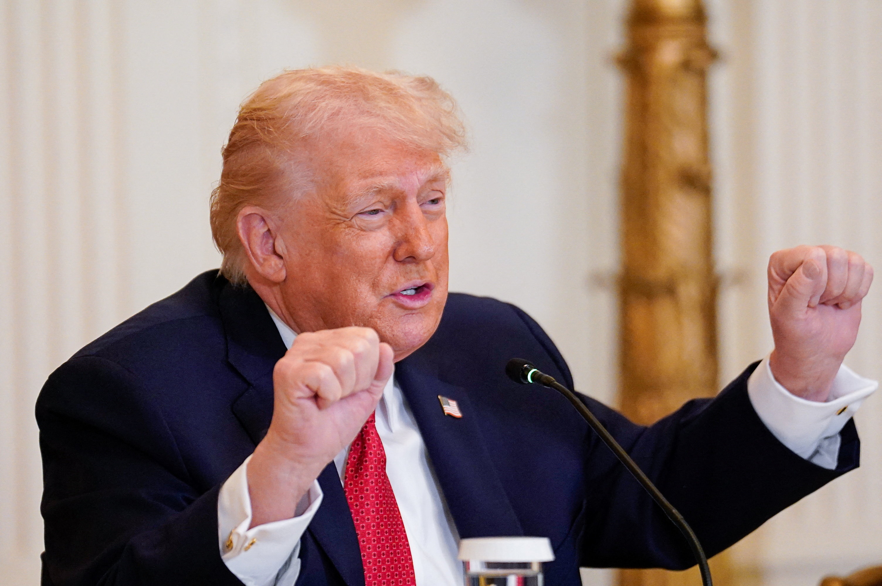 Donald Trump seated in front of microphone, gesturing with both fists raised