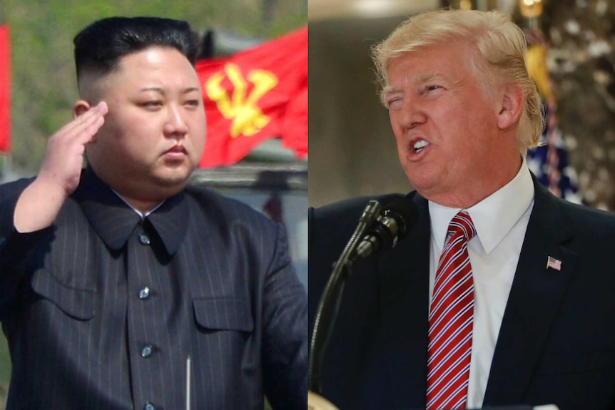 A composite image of Kim Jong-un and Donald Trump.