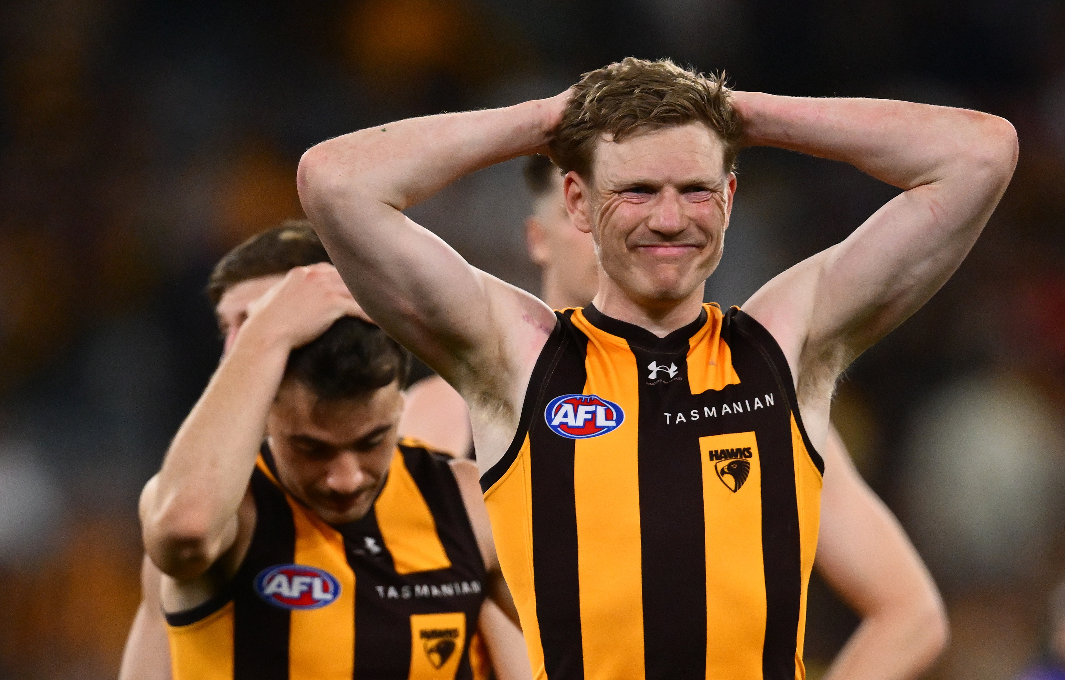 James Sicily of the Hawks looks dejected after the AFL preliminary final loss to the Lions.