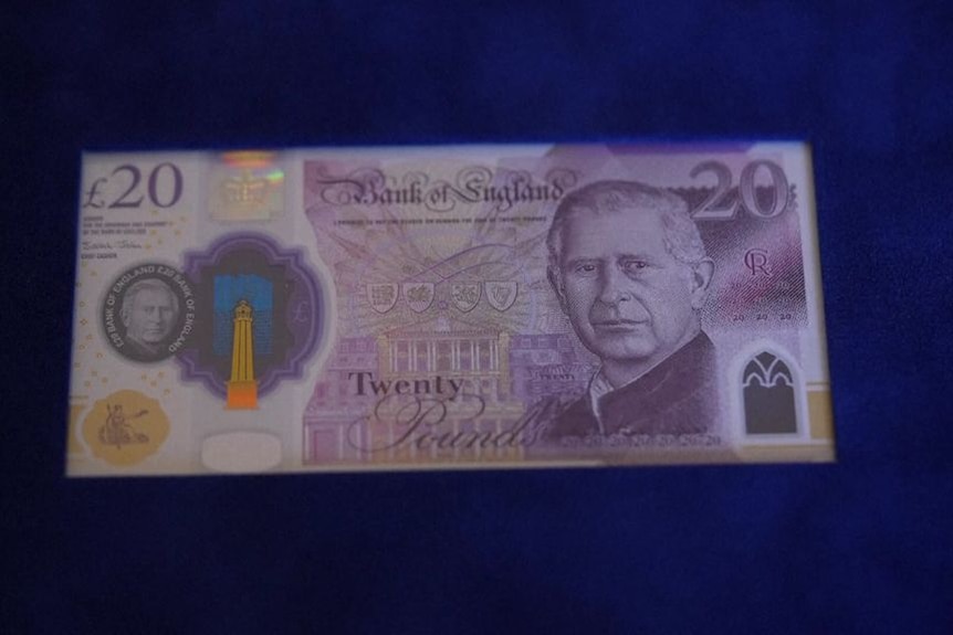 A 20 pound sterling banknote featuring King Charles' likeness.