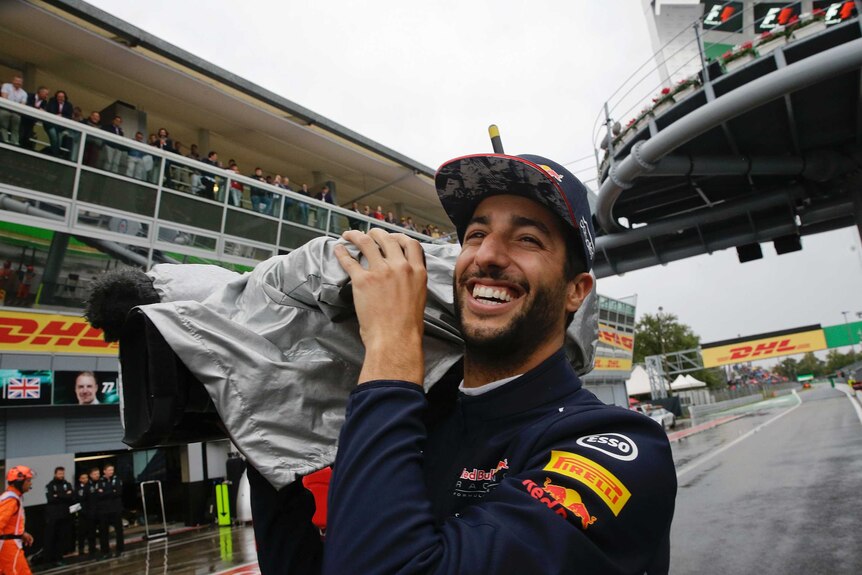 Daniel Ricciardo enjoys a rain delay at Monza