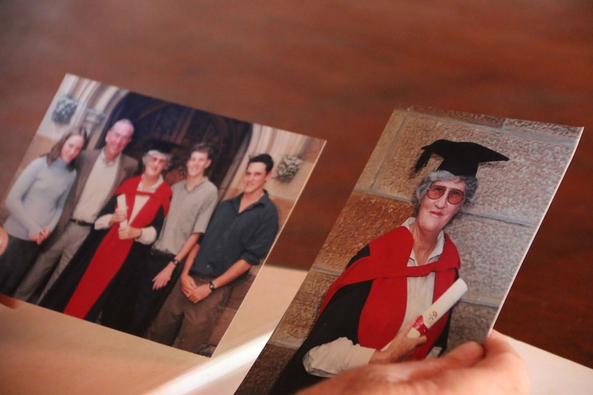 Photographs of Susan Baddeley in graduation robes receiving a doctorate.