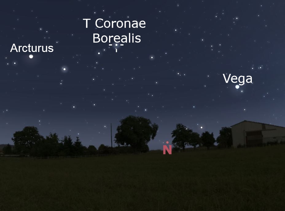 A diagram showing the star T Coronae Borealis in the night sky, just west of north point. 