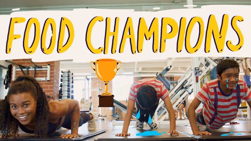 Teenagers doing push-ups, text overlay reads "Food champions"