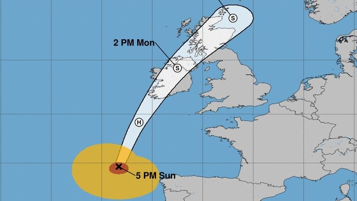 A map showing the likely path of Hurricane Ophelia, over Ireland and on to the UK.