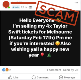 A screenshot of a facebook post with someone trying to sell fake taylor swift tickets