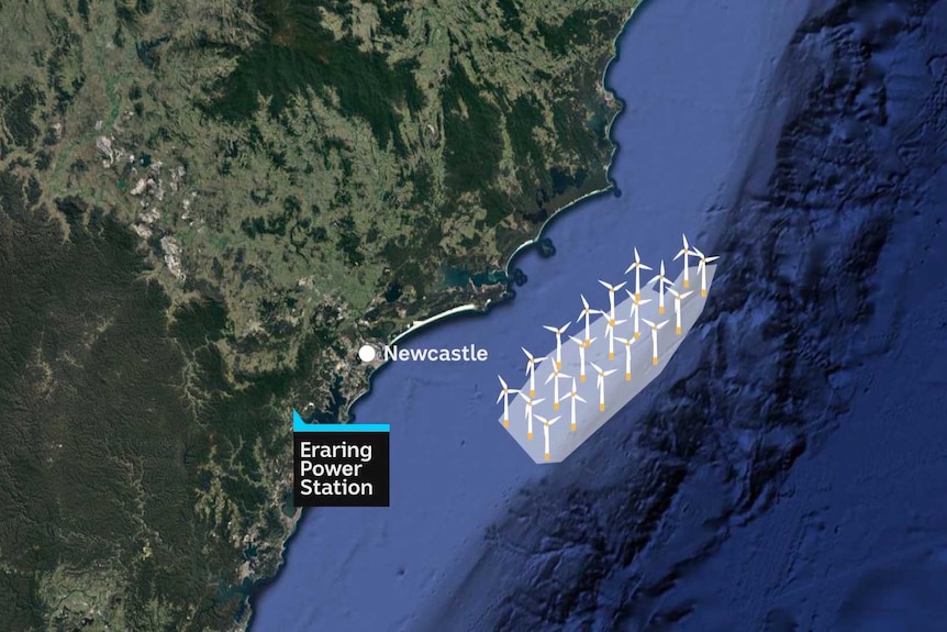 Satellite map of Australia showing Hunter region and offshore windturbines.