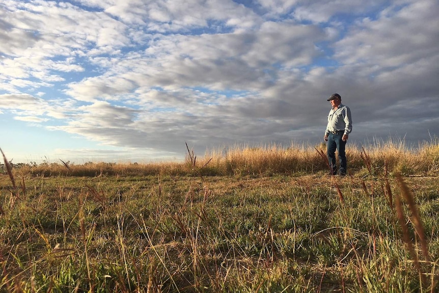 Farmer stands in a wide field under a cloudy sky.