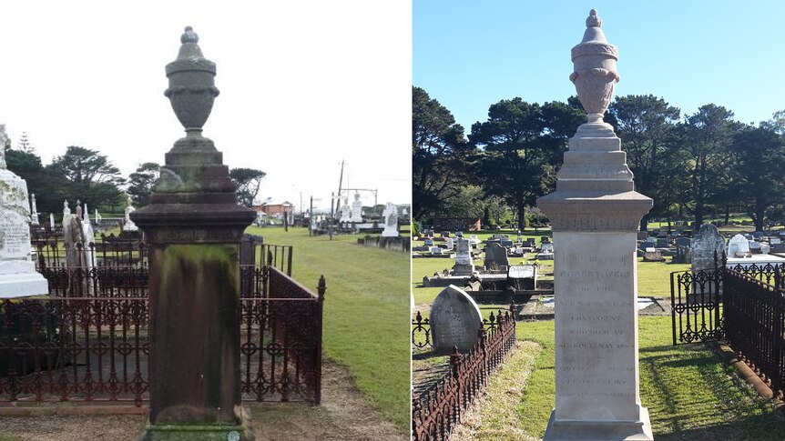 Robert Weir's memorial before and after repairs at Bombo cemetry, July 2017.