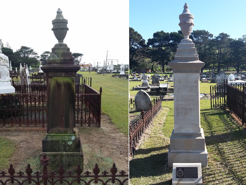 Robert Weir's memorial before and after repairs at Bombo cemetry, July 2017.