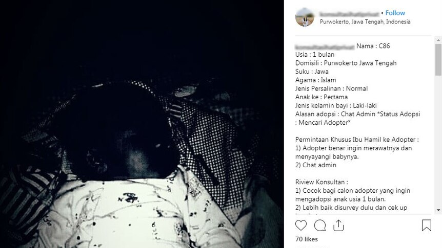 An Instagram post advertising a baby for adoption with a black and white picture of the baby.