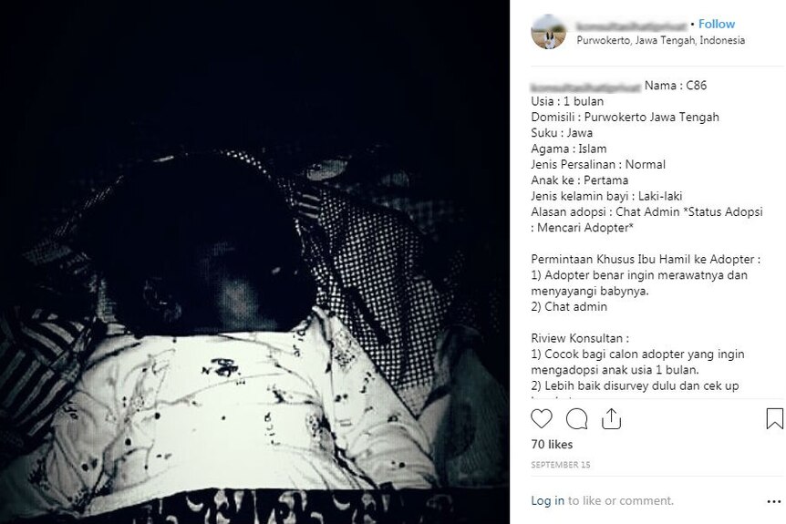 An Instagram post advertising a baby for adoption with a black and white picture of the baby.