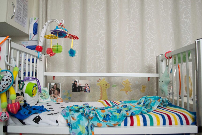 Toys and photos adorn a cot in the neonatal intensive care unit.