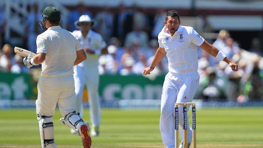 England paceman Tim Bresnan celebrates the wicket of Australia's Shane Watson in the Lord's Test.