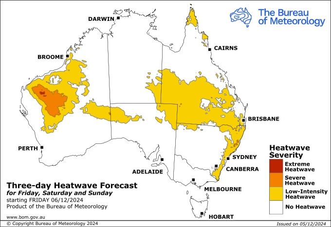 A map showing heatwave predictions in Western Australian and Queensland.