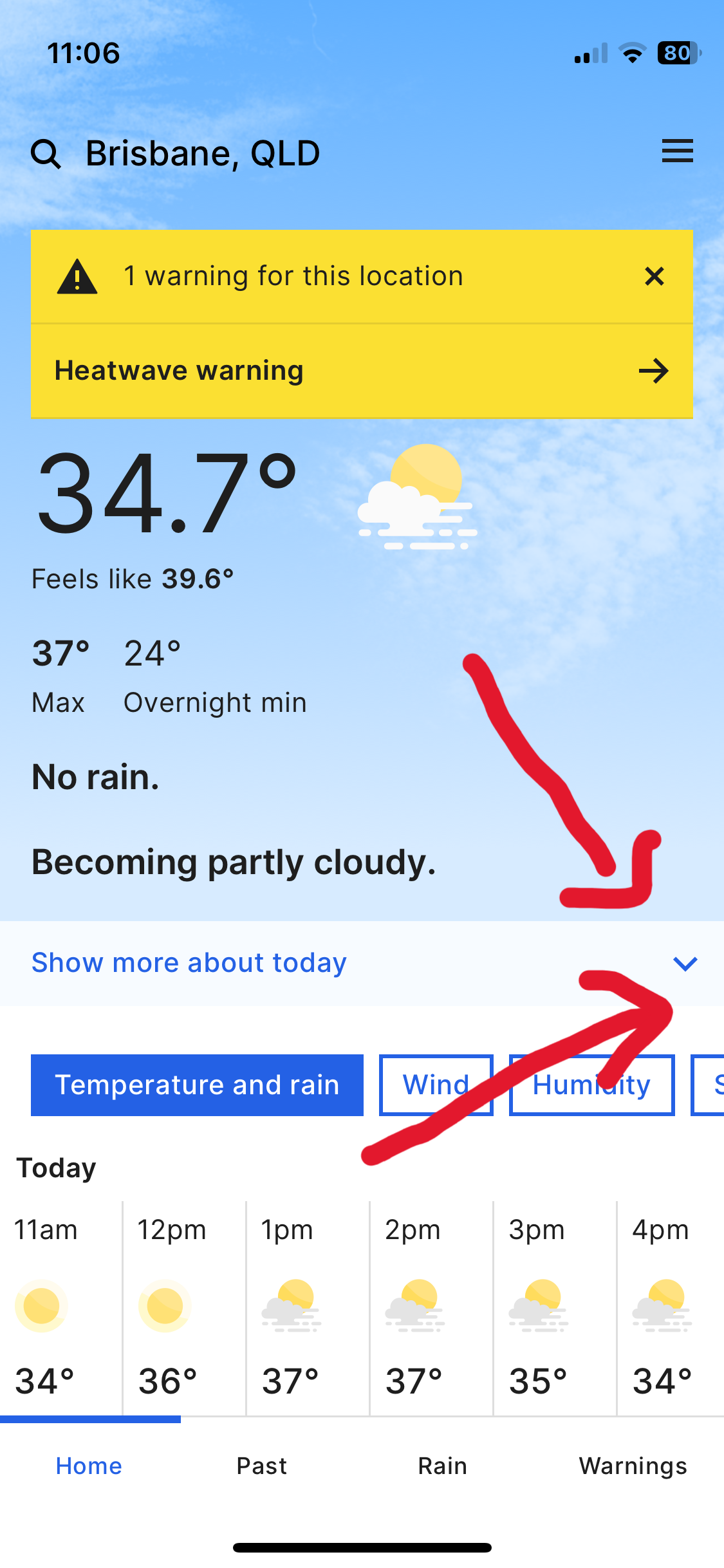 A screenshot of the BOM weather app, with arrows pointing to the "show more about today" arrow. 