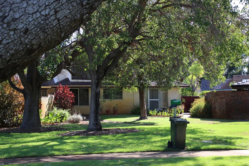 A home without a fence border is seen from a public parkland