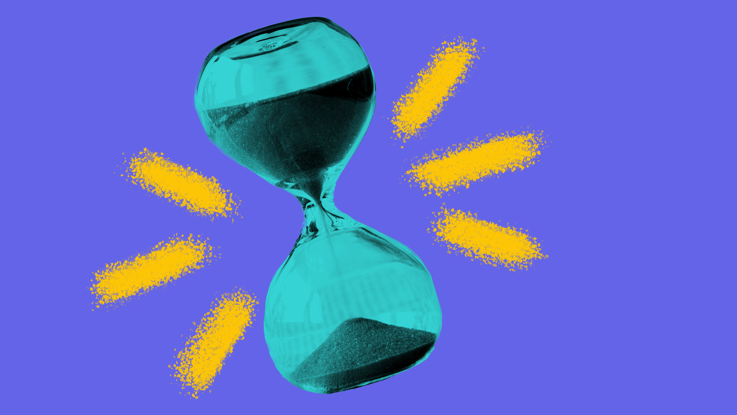 Illustration of blue hourglass on a purple background, with yellow brush strokes coming out from the hourglass.