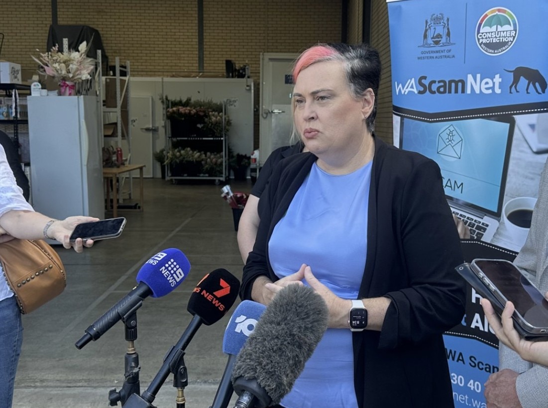 Una mujer con un mechón rosa en el pelo habla frente a un micrófono.