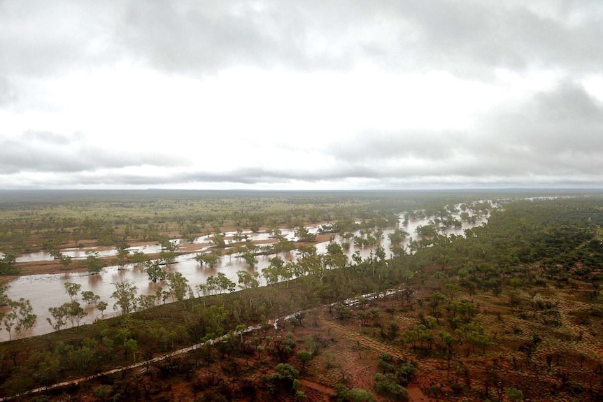 An aerial shot of flooded outback paddocks
