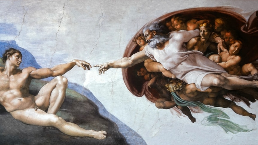 A photo of the painting the Creation of Adam by Michaelangelo