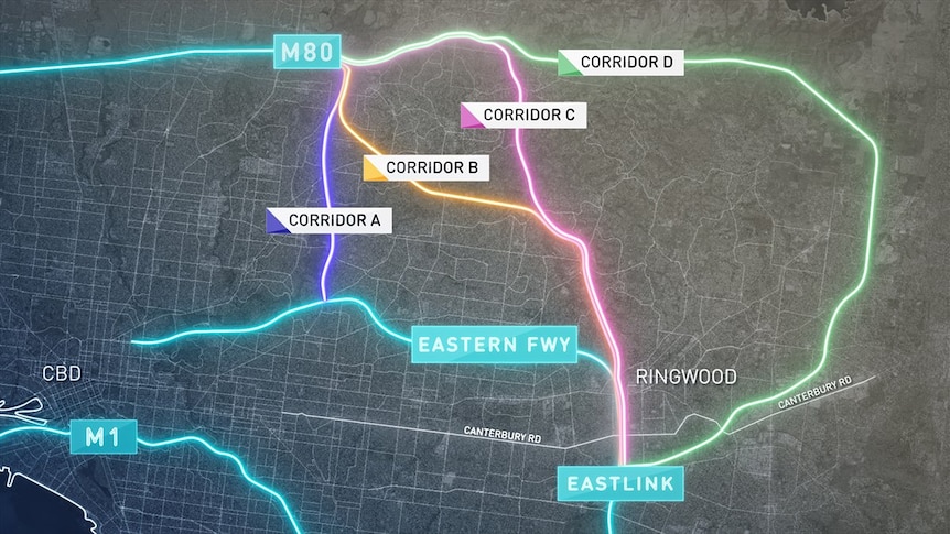 A map shows the four options for the North East Link road project in Melbourne.