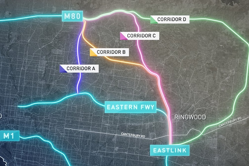 A map shows the four options for the North East Link road project in Melbourne.