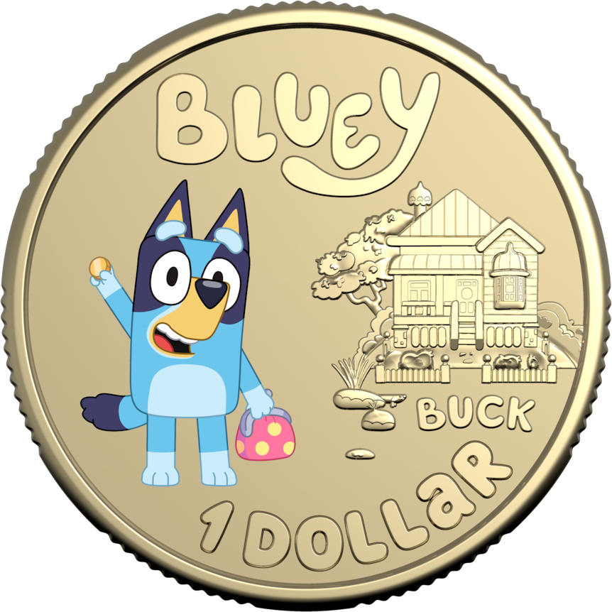 An Australian $1 coin featuring Bluey the blue heeler in colour.