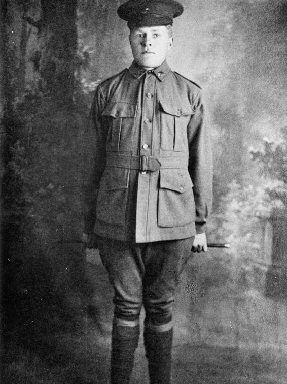 Black and white portrait of man wearing WWI uniform