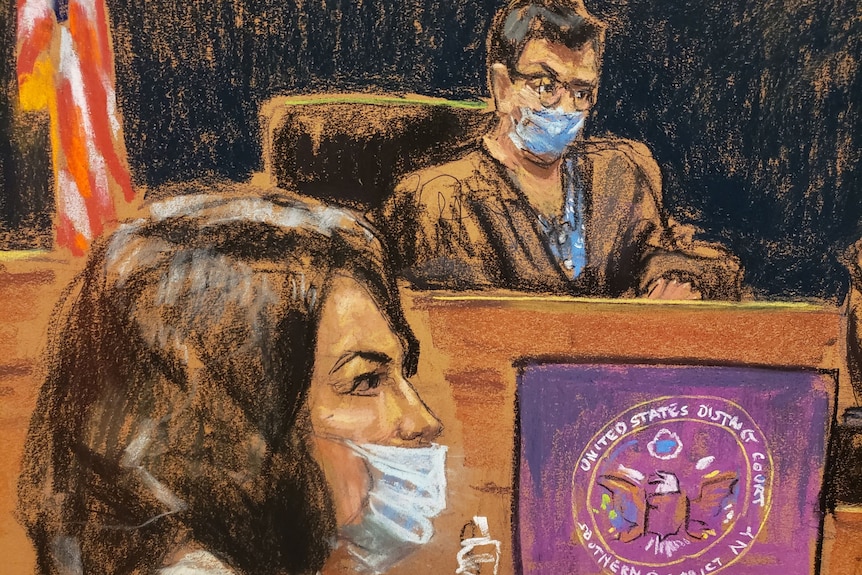 Sketch of a woman standing trial in the court room, with the judge in the background. 