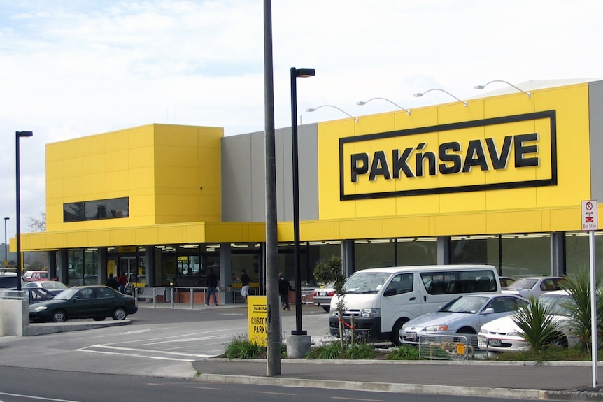 An exterior shot of a Pak'nSAVE with its yellow and black branding