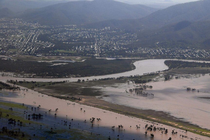 The flood-swollen Fitzroy River near Rockhampton, as seen from the air
