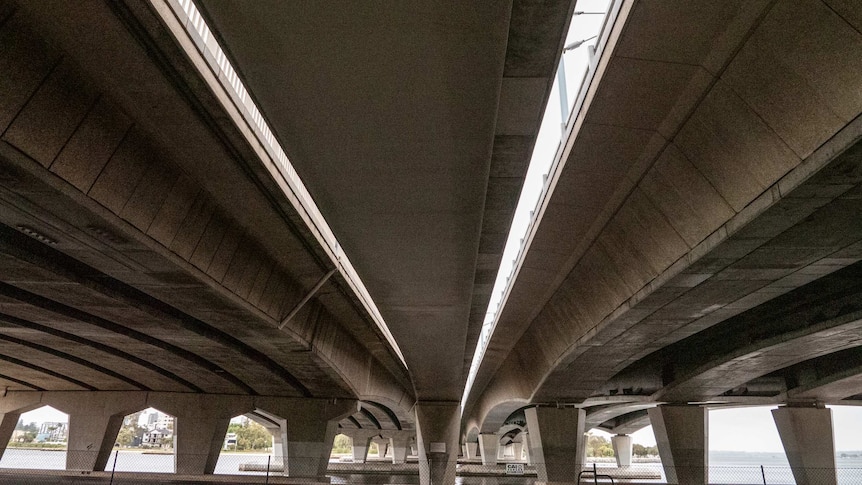 Underneath the three concrete Narrows Bridges, looking upwards to the underneath of the bridge