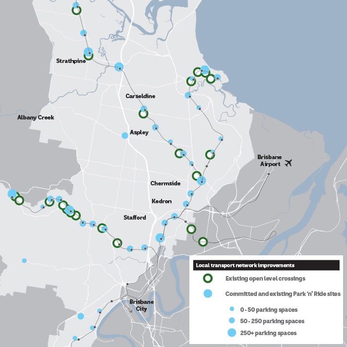 A map showing Brisbane City Council's suggested park and ride improvements in the north-west