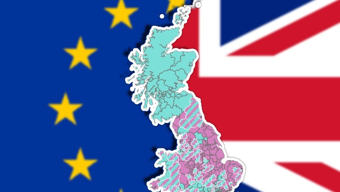 Map of Great Britain in front of torn union jack over eu flag