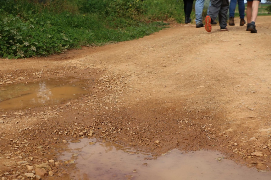 A puddle in the foreground with people walking away in the distance.