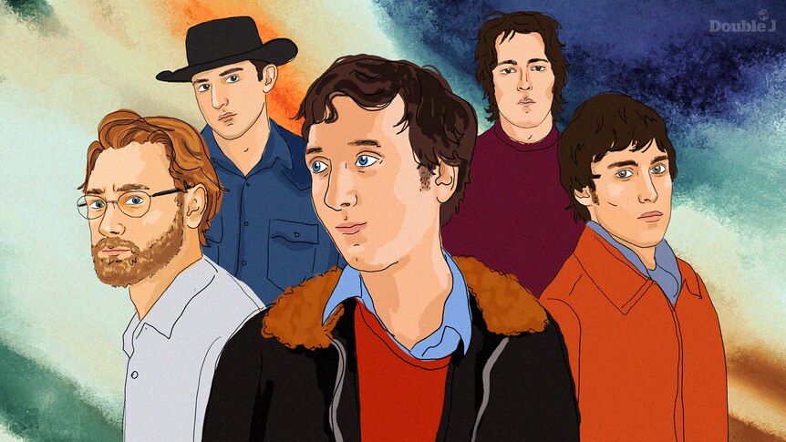 Cartoon portrait of indie rock band the Panics - five members. 
