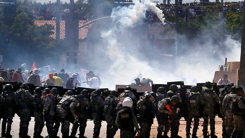 Tear gas used during protest in Brazil.