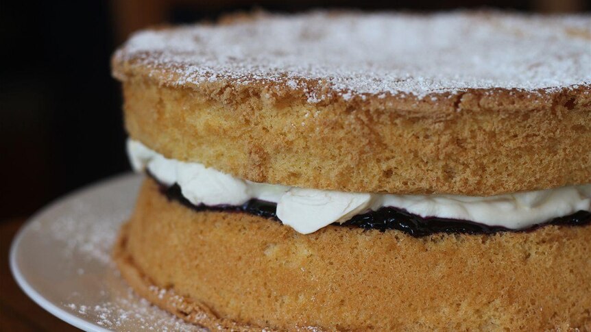 Close up photo of a sponge cake, with jam and cream between the layers.